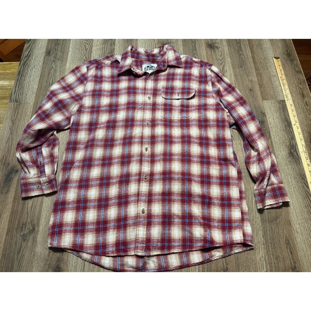 Old Mill Shirt Men's XXL Red Brown White Blue Plaid Long Sleeve Button Up
